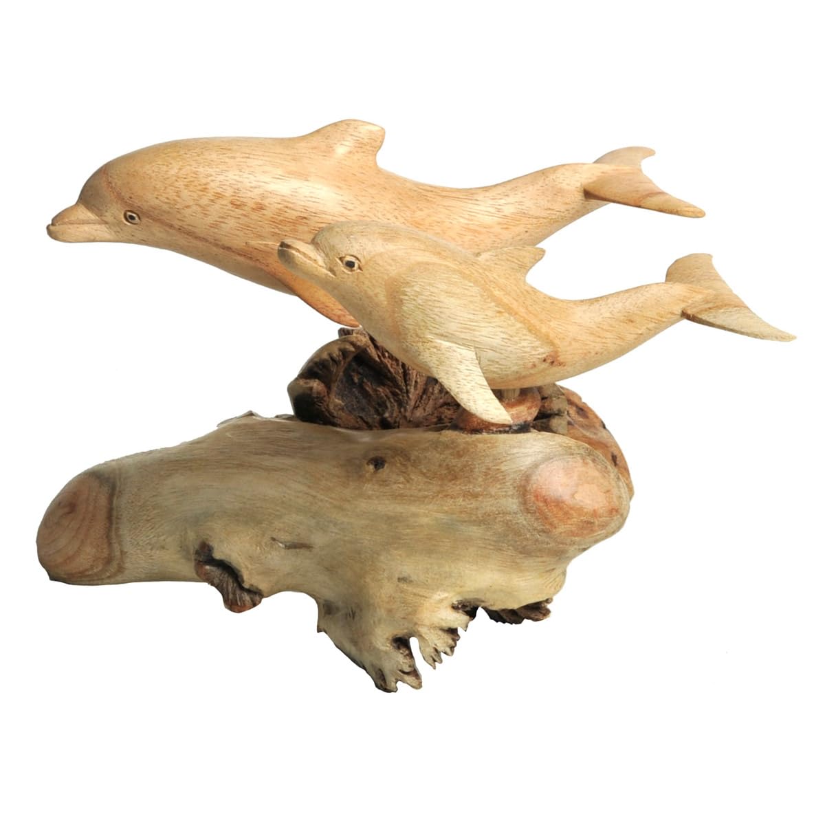 MAISONICA Dolphin Pair Ornament Sculpture - Hand Carved Wooden Art Gift on Root