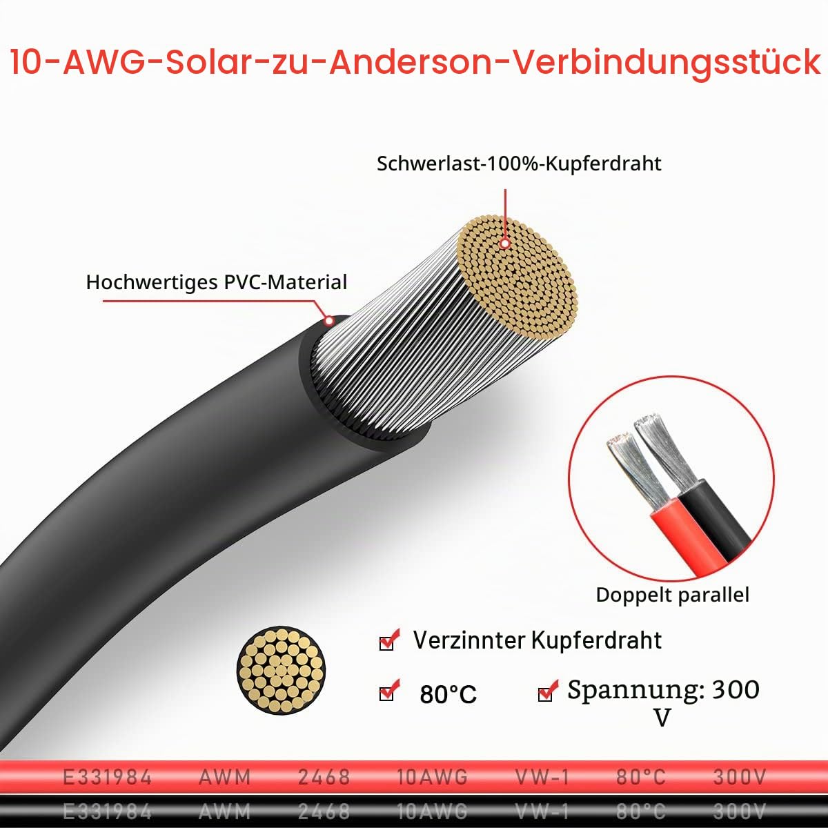 ELFCULB Solar auf Anderson Kabel 10AWG Solarladekabel 45A Anderson Stecker für Powerstation Solarpanel Solargenerator(3M)