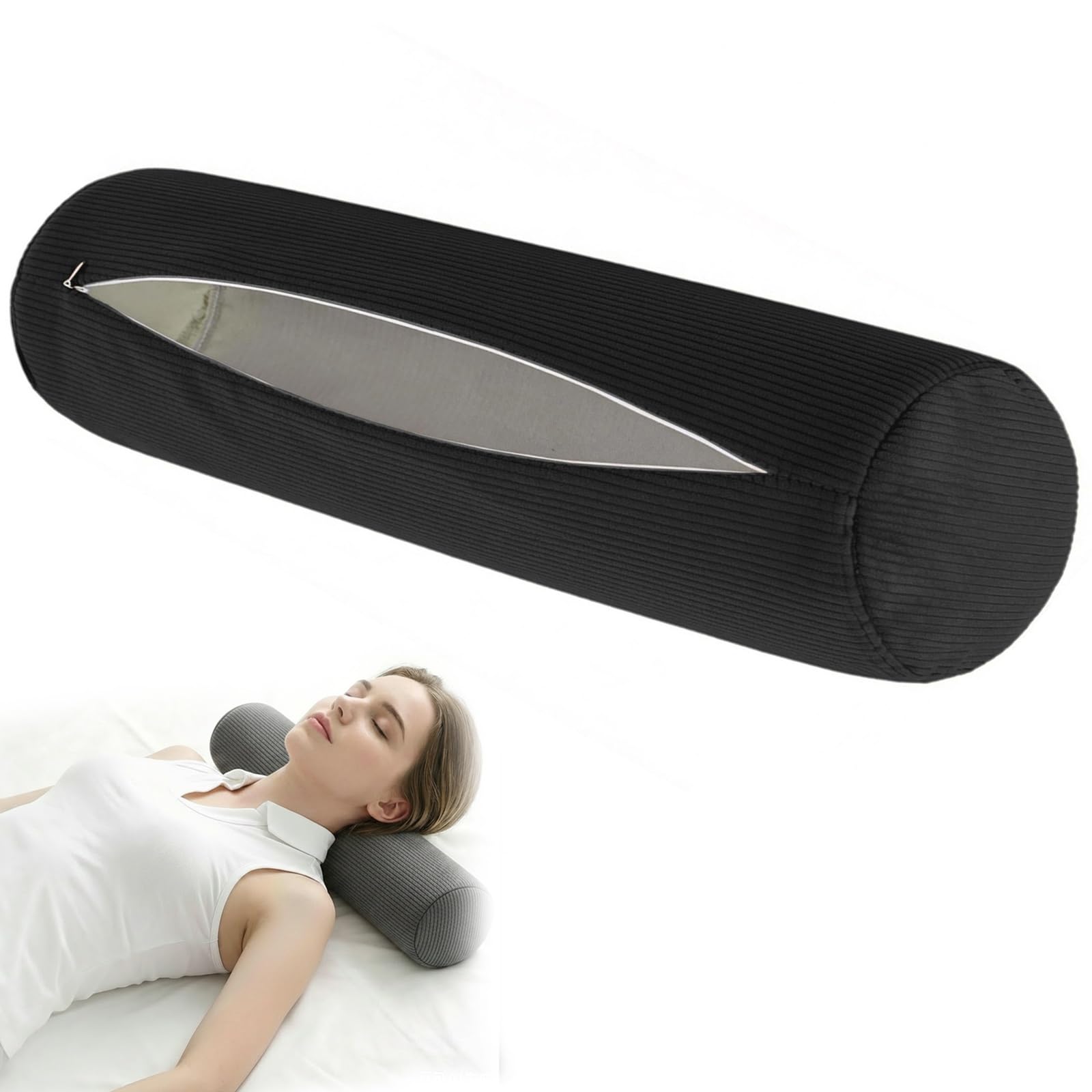 moismk Round Bolster Pillow Covers with Zipper, Striped Corduroy Breathable Washable Cylindrical Neck Pillow Cases for Home Decor, Cervical Neck Roll Pillowcase Only(Black,120x20cm)