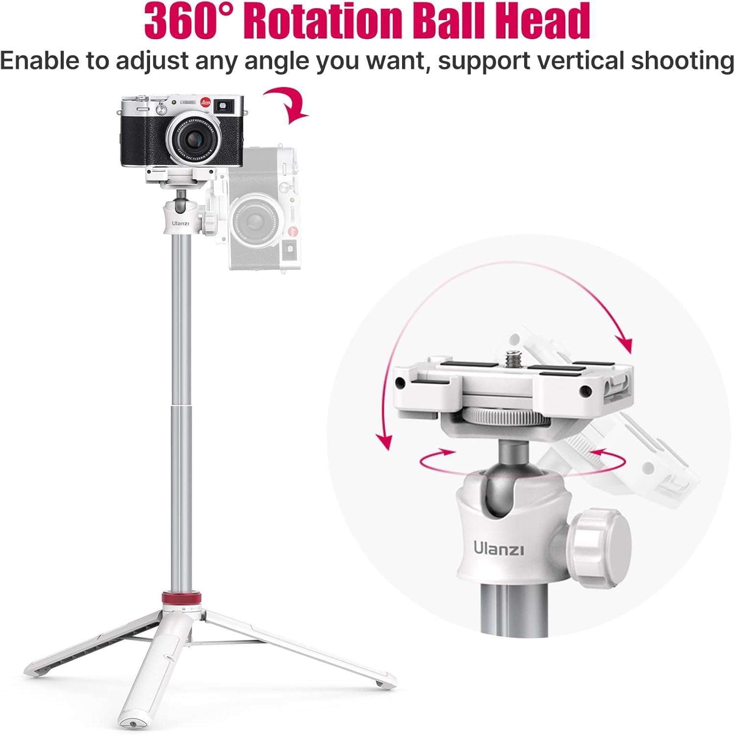 ULANZI MT-44 Statyw do aparatu/telefonu komórkowego, 147 cm, 2 w 1, kijek do selfie z pilotem zdalnego sterowania, głowica kulowa 360°, uchwyt na telefon z zimną stopką (Cold Shoe), gwint 1/4