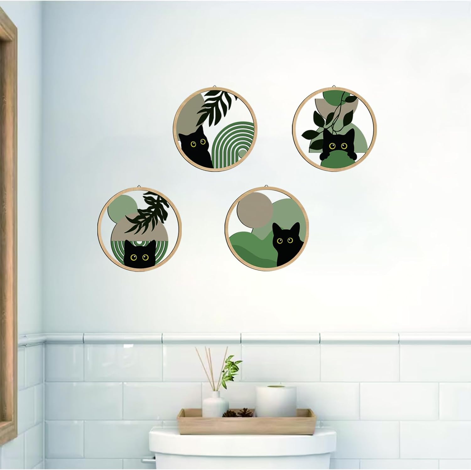 Sage green Cat Wall Art Sage green C at Room Decor Aesthetic, 4-Piece Farmhouse Geometric Wooden Black Cat Wall Decor Mid-Century Bohemian Moon Sun Design for Nursery, Bedroom Ca t Lover Gifts