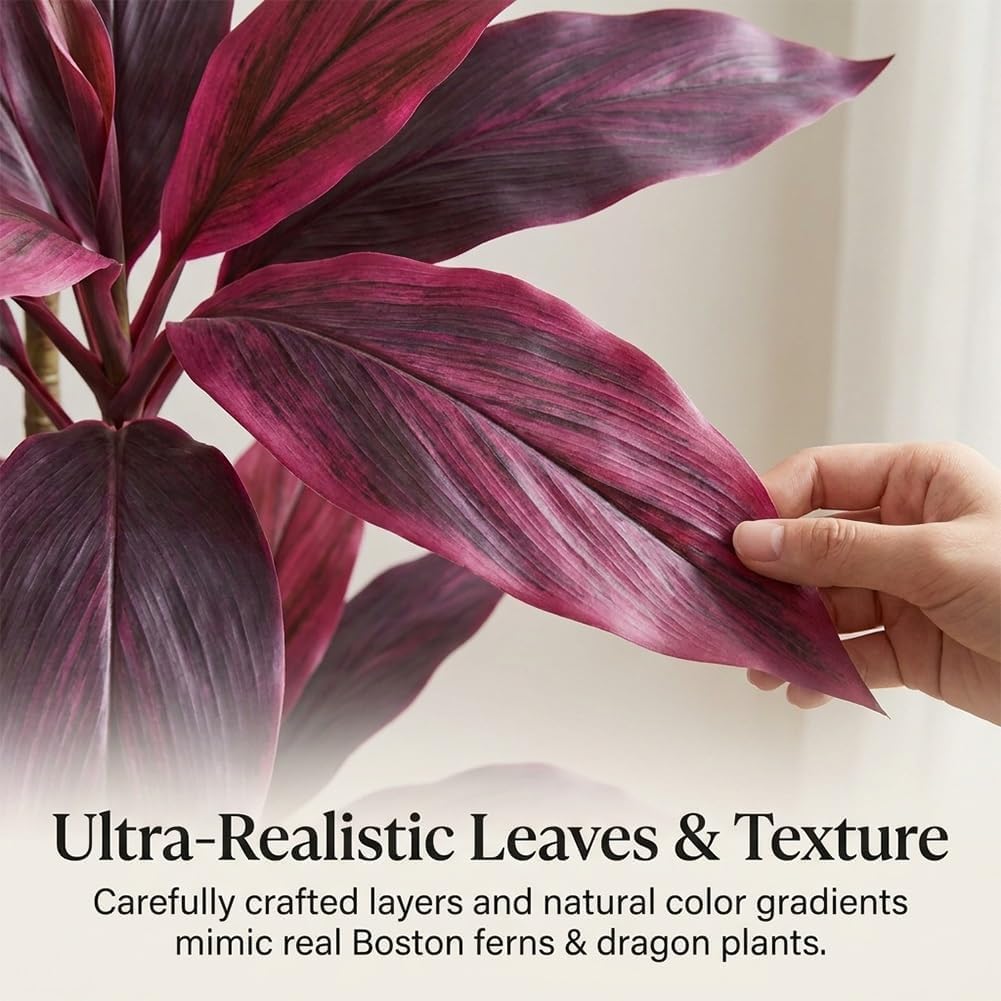 2PCS Large Realistic Artificial Boston Fern & Dragon's Blood Tree Plants with Vibrant Pink/Purple Leaves, UV Resistant Outdoor for Patio Balcony Garden Porch Wedding Decor (6pcs)