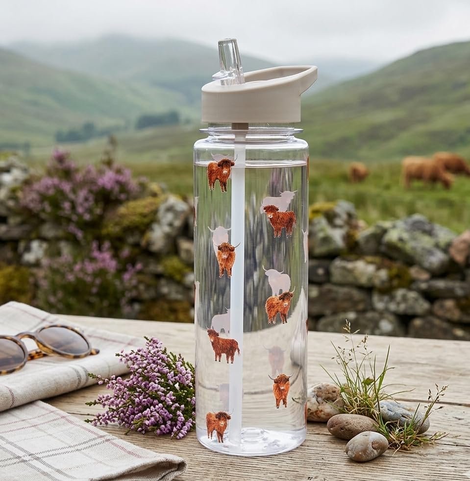 New Charming Highland Cow Sports Water Bottle with Flip Straw & Carry Handle – Leakproof Reusable Drinks Bottle with Cute Highland Cow Print for Gym, Travel -N04