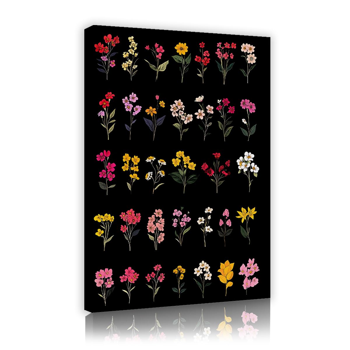 TOANGWALL Black Background Canvas Wall Art Botanical Field Flowers Poster Prints Vintage Floral Picture Framed Artwork for Bathroom Dining Room Hallway Decor 75x115cm