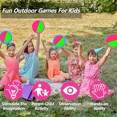Jovicos Klettballspiel, Gartenspielzeug Outdoor Spiele für Kinder, Klettballspiel für Kinder ab 3 4 5, Outdoor Spielzeug Sommer Spielzeug Draußen, Fangballspiel mit 4 Fangscheiben 4 Bälle