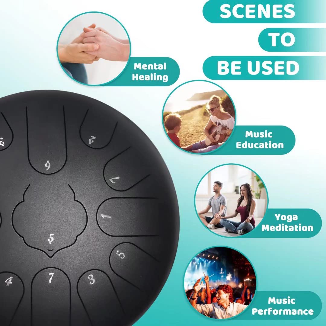 Tambor de Lengua de Acero, 12 Pulgadas 13 Tonos Instrumento De Percusión, con Baquetas, Instrucciones (idioma español no garantizado), Pegatinas, Púas de Dedo y Bolsa de Transporte Negro