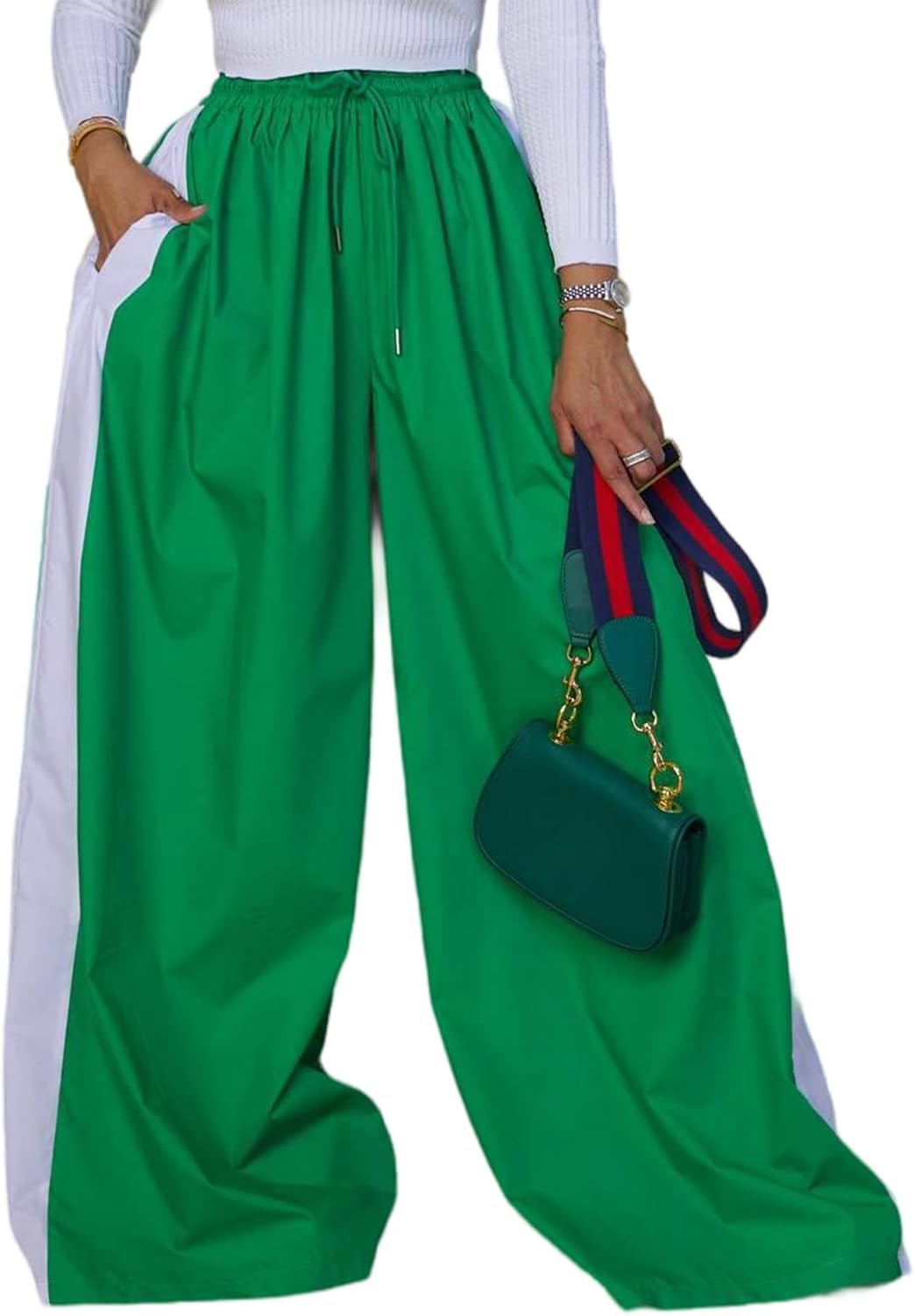 KANSOON Wide Leg Pants Woman Casual Elastic High Waisted Palazzo Lounge Pants Loose Pleated Striped Trousers