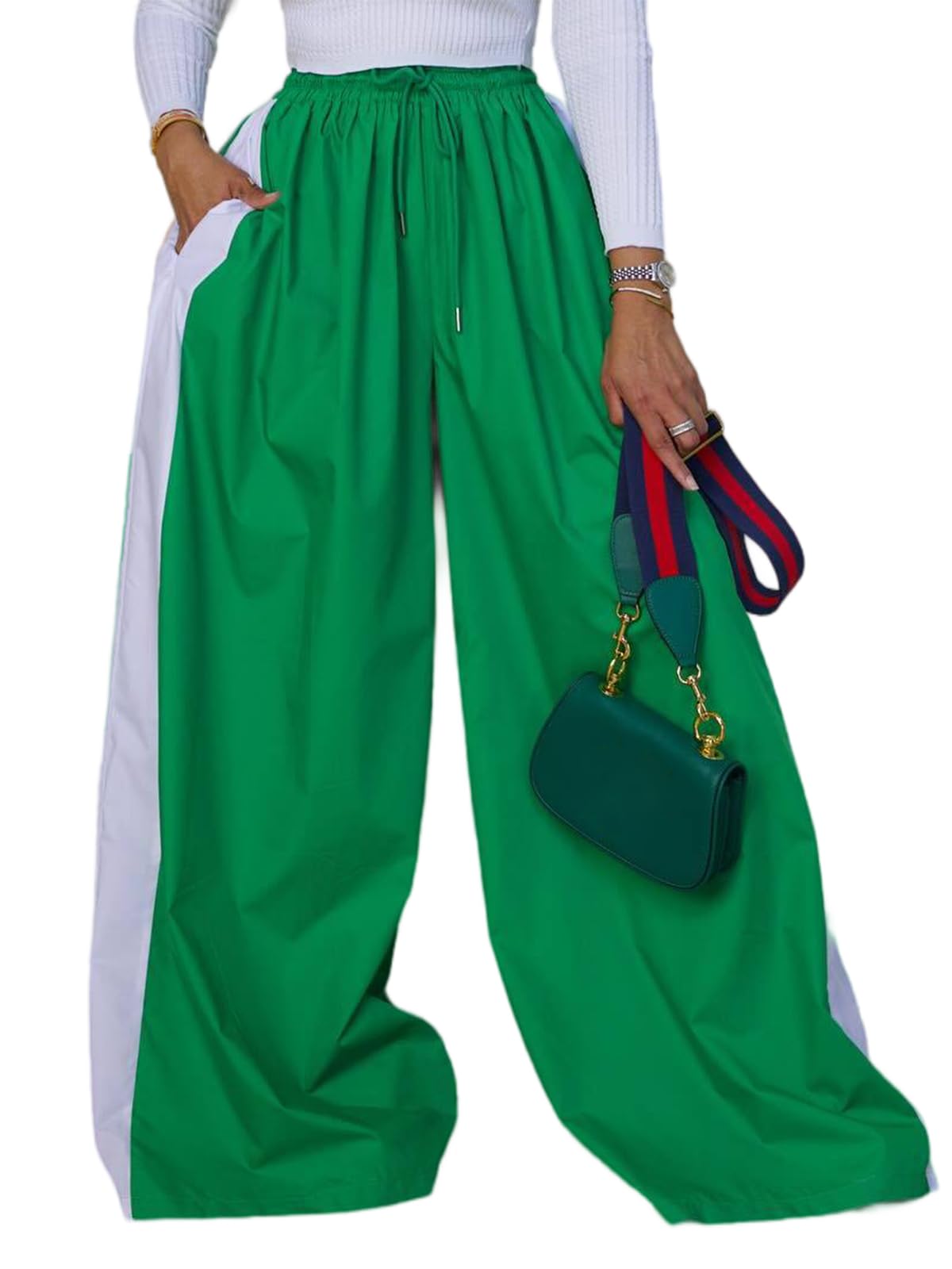 KANSOON Wide Leg Pants Woman Casual Elastic High Waisted Palazzo Lounge Pants Loose Pleated Striped Trousers