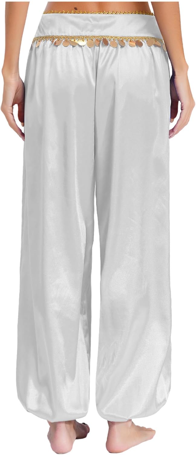 Belly Dance Pants for Womens Sequin Trim Elastic Waistband Loose Harem Pants Dancewear