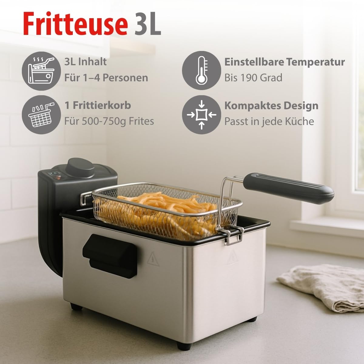 alpina Fritteuse - 3 Körbe - 5 Liter - 2000 Watt - Thermostat bis 190 °C - Anti-Heizung - Edelstahl