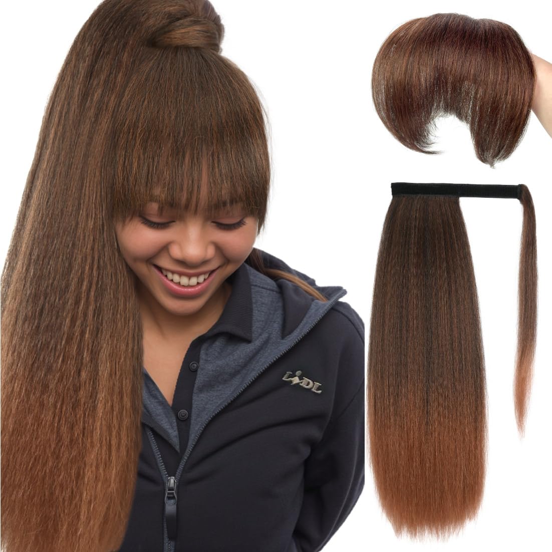 long Yaki Straight Ponytail Extensions with Bangs for Black Women T1B/30 24inch Synthetic Kinky Straight Wrap Around Magic Paste Ponytail with Bangs