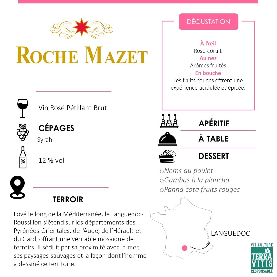 Roche Mazet - Vin Rosé Pétillant Brut - 100% Syrah - Vin de France - Lot de 6 bouteilles x 75 cl
