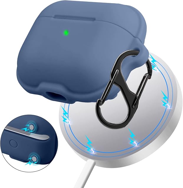 leQuiven Magnetic Case for AirPods 3 Generation 2021 with Wireless Support, Rugged Case with Carabiner for Airpods 3, [Front Visible LED] Silicone Shockproof Cover Earphone Accessories (Blue)
