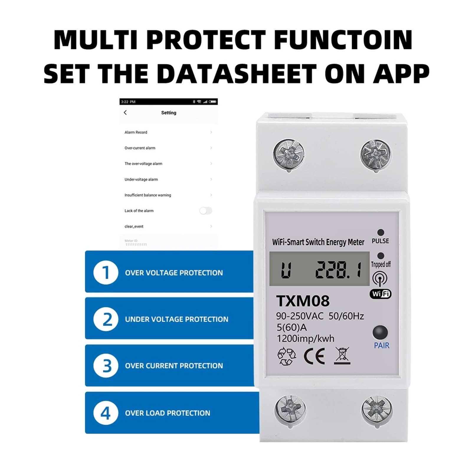 Monitoraggio Dell'Energia del Contatore Intelligen Tuya 60A DIN Rail WiFi Smart Energy Meter Timer Power Monitor KWh Meter Wattmetro Smart Life