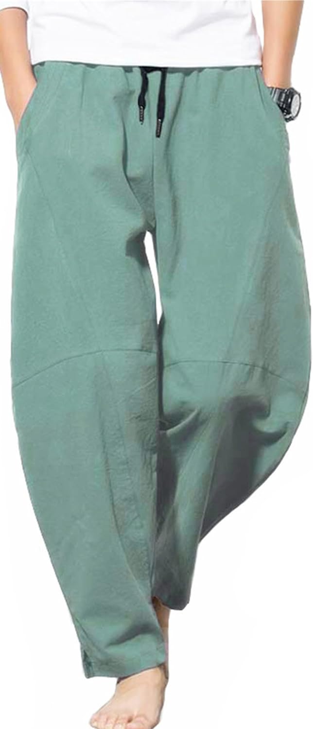 Men's Casual Cotton Linen Pants Elastic Waist Drawstring Beach Summer Lightweight Trousers