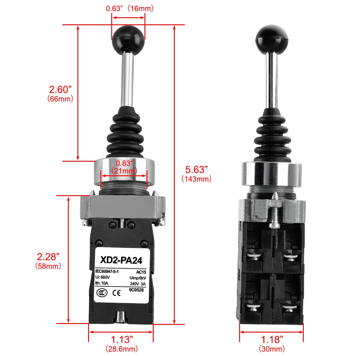 Heschen Monolever Joystick Switch, XD2-PA24, SPST, 4NO, 4 Direction Momentary Type, Ui AC660V, Ith 10A, Black - Image 2
