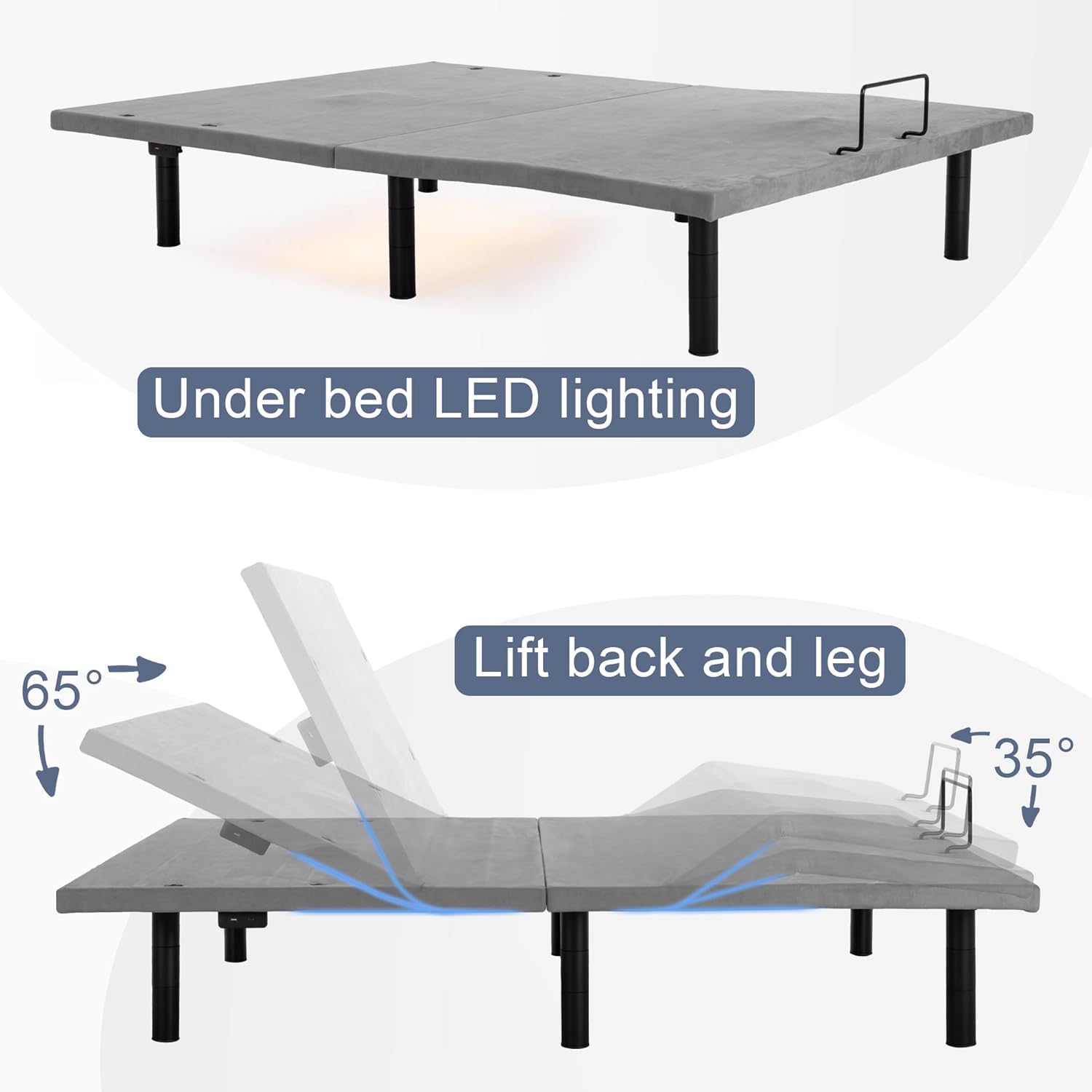 Fromann Adjustable Electric Queen Bed Base Frame with Massage, USB Type-C Ports, Zero Gravity, Under Bed Led Lighting and Three Leg Height (Grey)