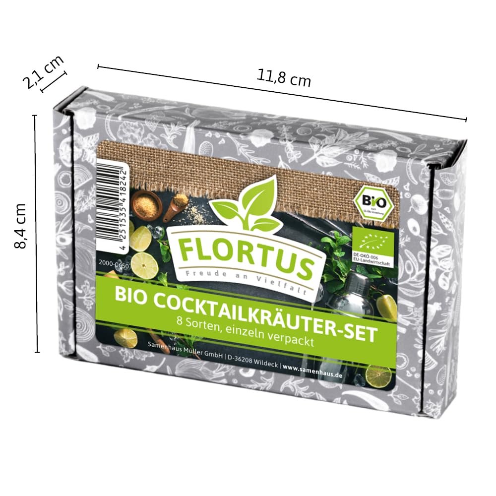 FLORTUS Anzuchtset Zimmergewächshaus mit BIO Cocktailkräuter & Anzuchterde | 8 Sorten Kräuter Lavendel, Rosmarin, Basilikum & mehr | Geschenkset