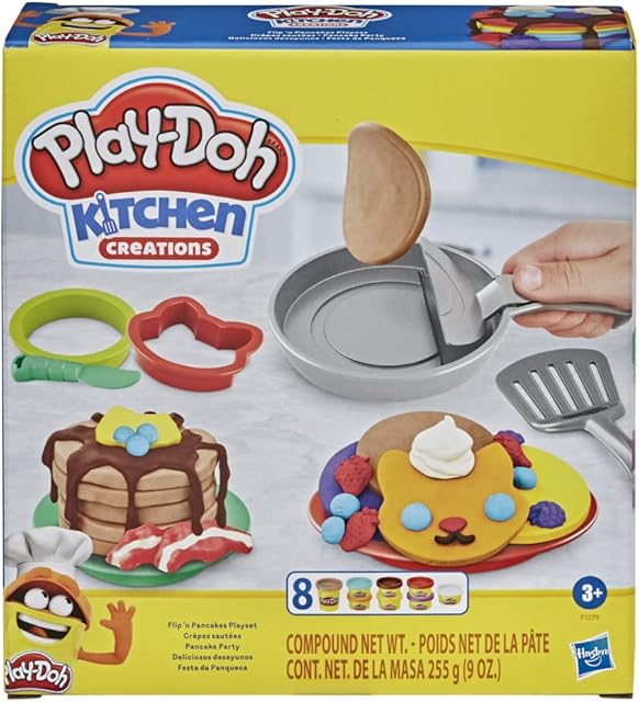 Play-Doh Kitchen Creations Flip 'n Pancakes Playset 14-Piece Breakfast Toy for Kids 3 Years and Up with 8 Non-Toxic Modelling Compound Colours