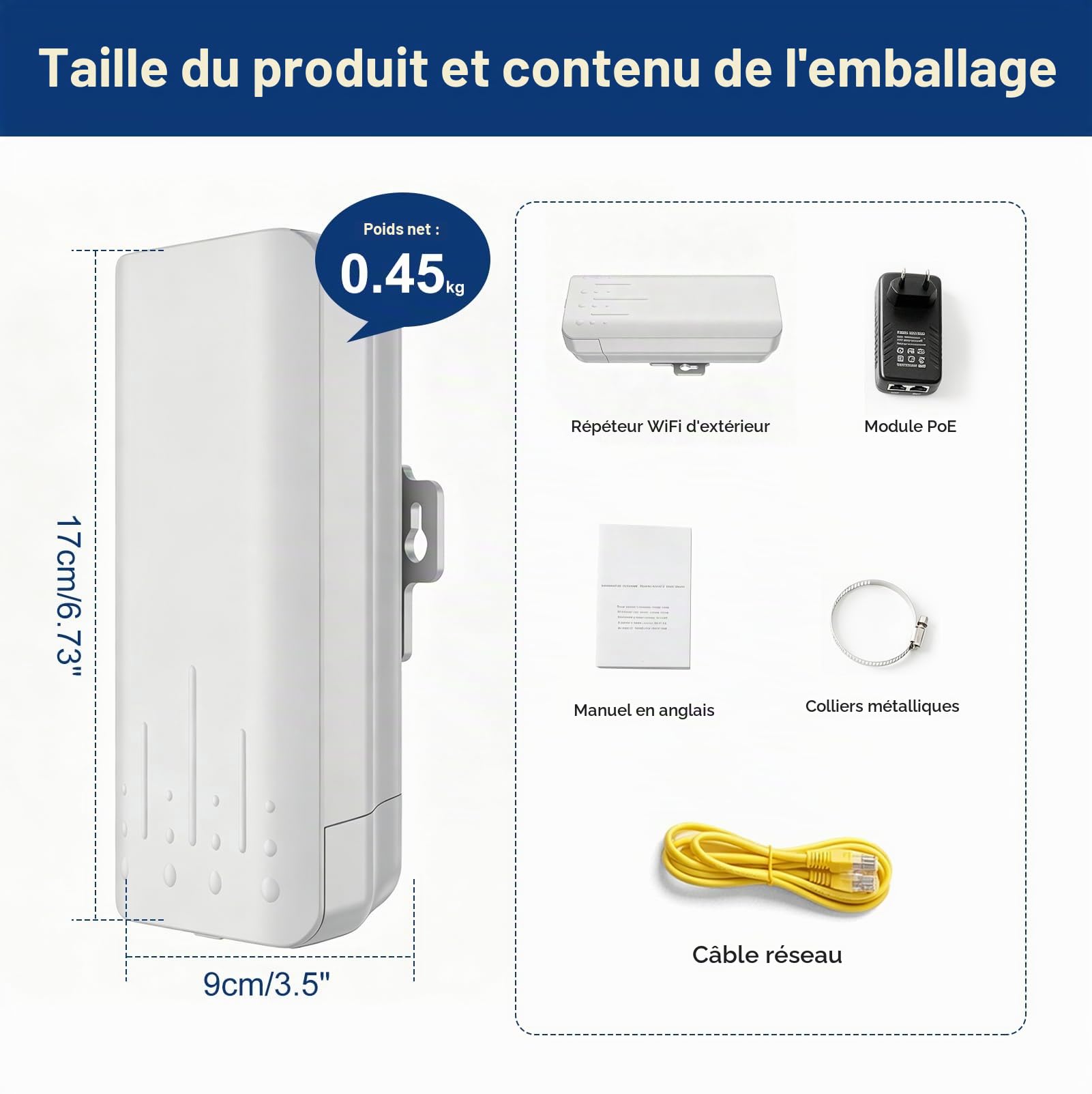 Amplificateur WiFi Extérieur IP65 avec PoE, 2,4 GHz Répéteur WiFi Extérieur | Extension WiFi 300 Mbps avec Mode AP, Point d'accès WiFi Extérieur pour Jardin, Piscine, Garage et Appareils Connectés