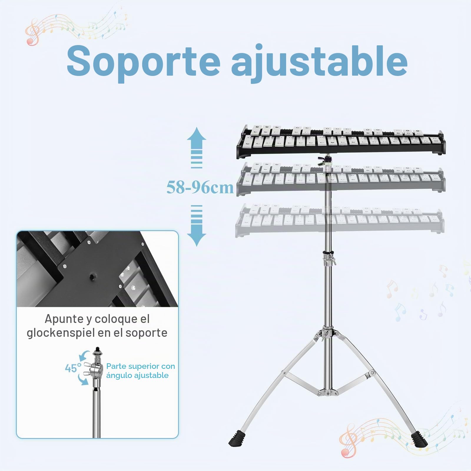 KOMFOTTEU Xilófono de 30/32 Notas, Glockenspiel con Soporte de Altura Ajustable, Carrillón con Mazos, Baquetas, Atril, Bolsa de Transporte, Instrumento de Percusión para Niños y Adultos (32 notas)