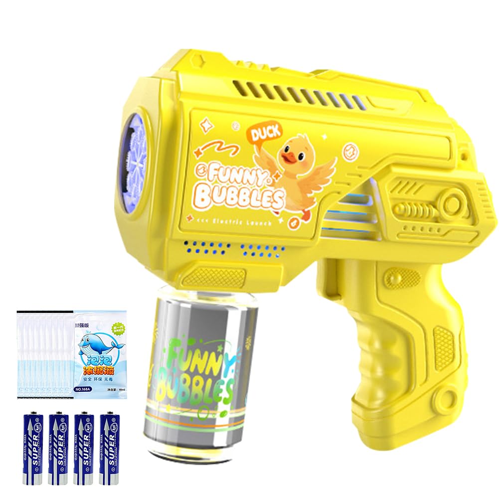 Yellow Duck Bubble Gun, Automatic Bubble Blower Bubbles Guns Blaster with Bottles Solution and 10 Concentrate Automatic Bubble Maker Outdoor Garden Beach Party Games Toys
