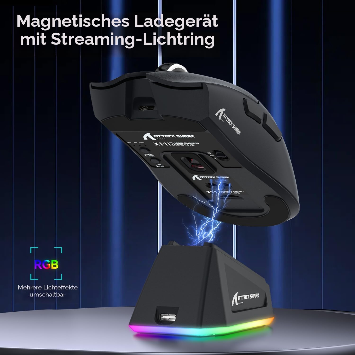 ATTACK SHARK X11 Gaming Mouse mit Magnetic Charging Dock, PixArt PAW3311 Sensor, 22000 DPI, BT/2.4G Wireless/Wired, Schwarz