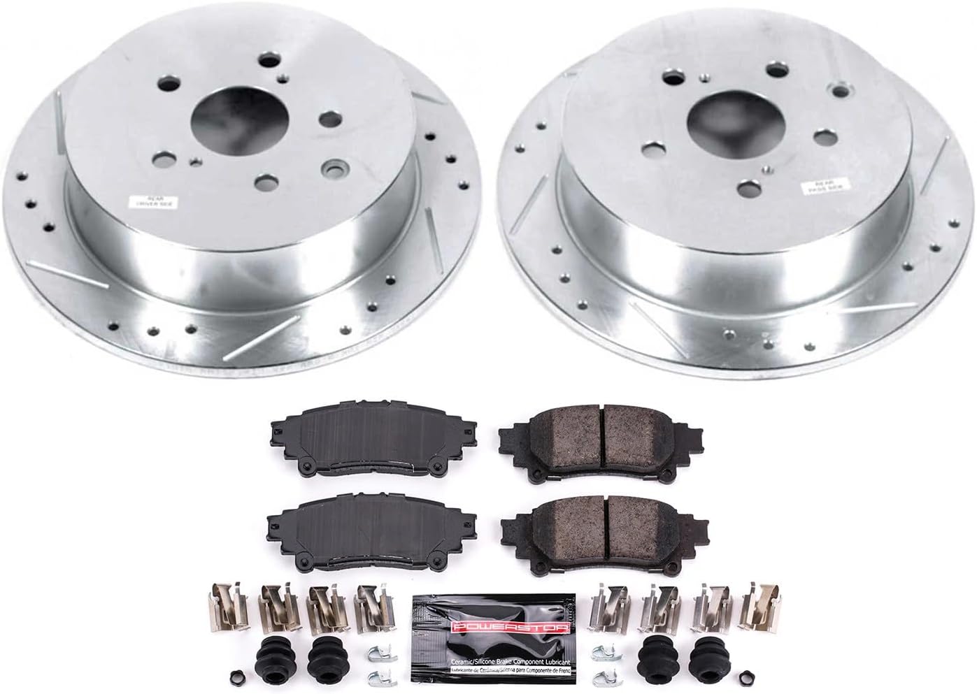 PowerStop Rear Brake Kit For Lexus RX350 2010-15 |RX450h 2010-15 |Toyota Highlander 2014-19 |Sienna 2011-20 - Drilled and Slotted Disc Rotors with Ceramic Brake Pads Replacement, K5864