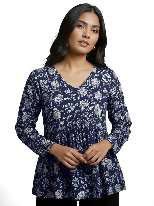 Women Cotton Printed Tunic Top Floral A-Line Long Sleeve Kurti Style Top for Casual, Office (Kurti-01-Gulab-P)