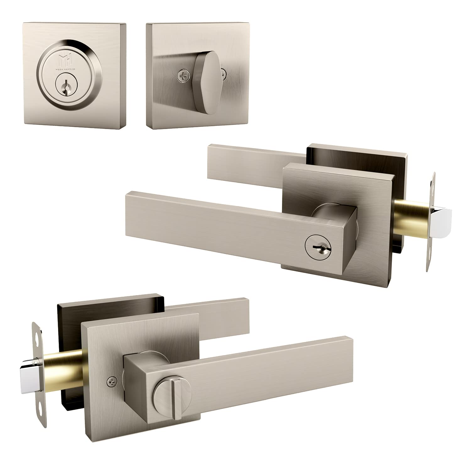 mega handles - robell entry combo i entry lever door handle and single cylinder deadbolt lock and key combo pack - heavy duty square locking lever set for left or right-handed doors - satin nickel
