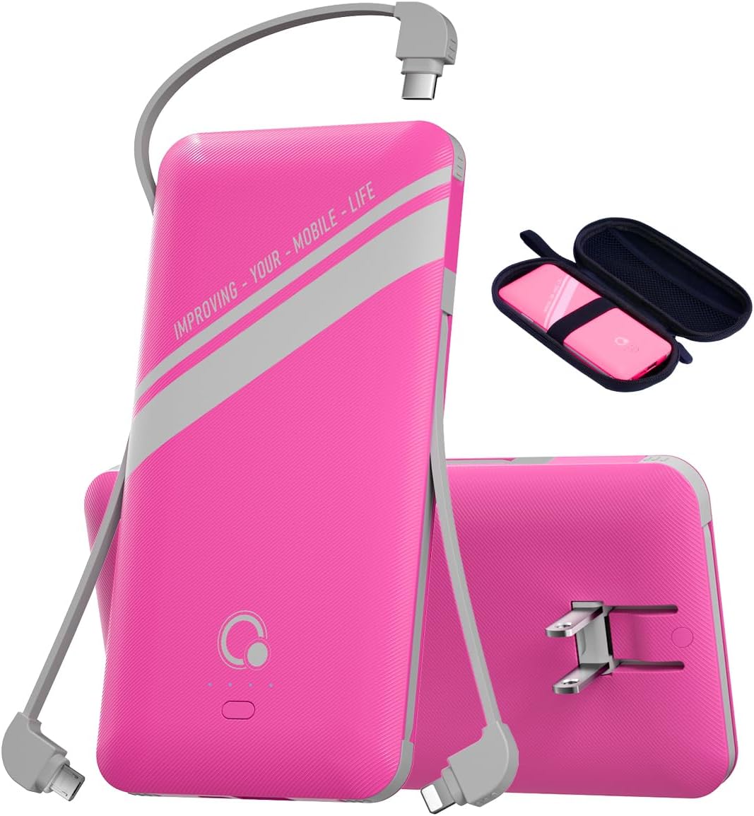 10000mAh Power Bank, Q Slim Portable Charger,4 Output External Battery Pack with Built-in AC Wall Plug Micro USB C Three Cables Compatible with All Kinds of mobilephone (Pink)