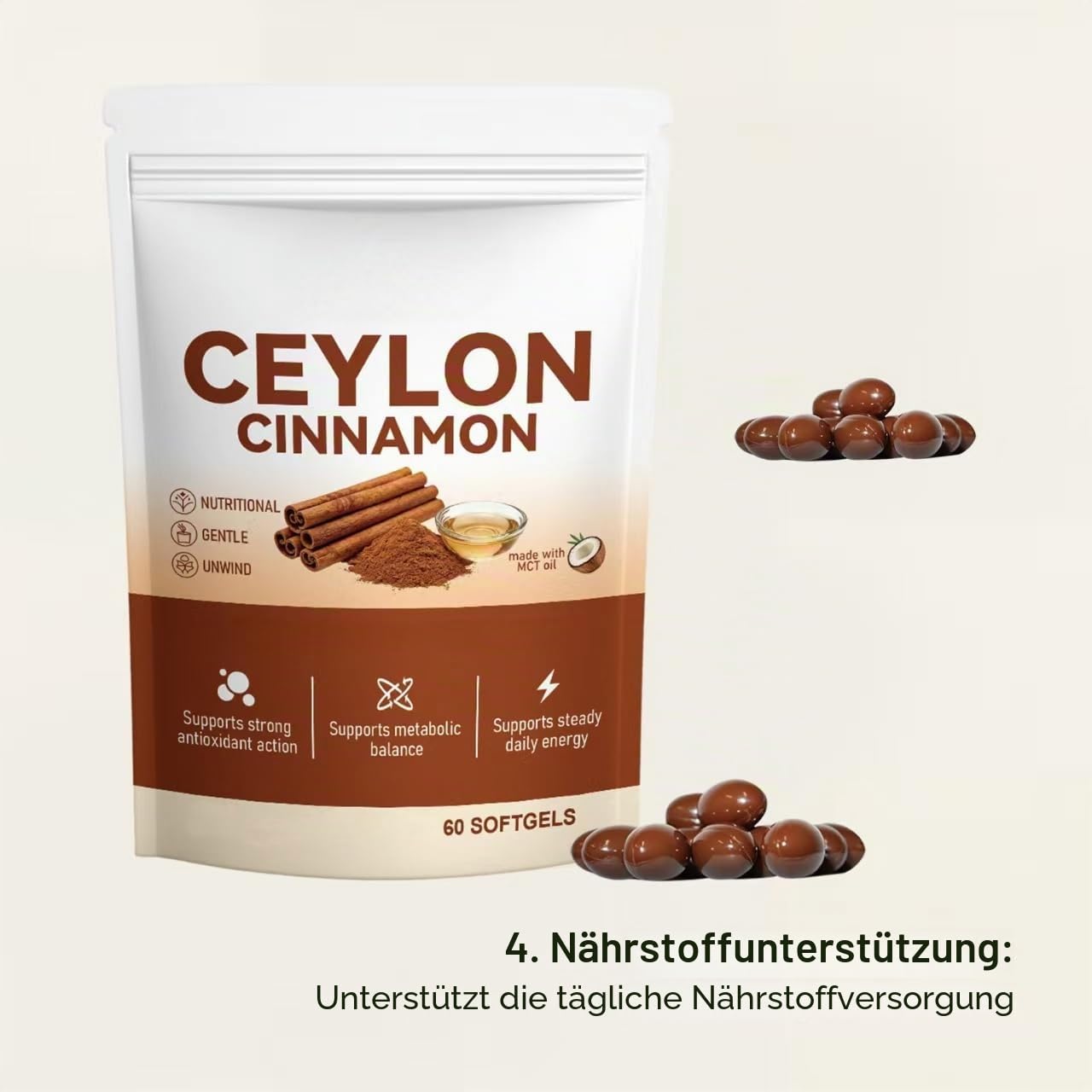 Ceylon-Zimt mit MCT-Öl, zur Unterstützung des Stoffwechsels, hoch bioverfügbar, 60 Stück,3pcs