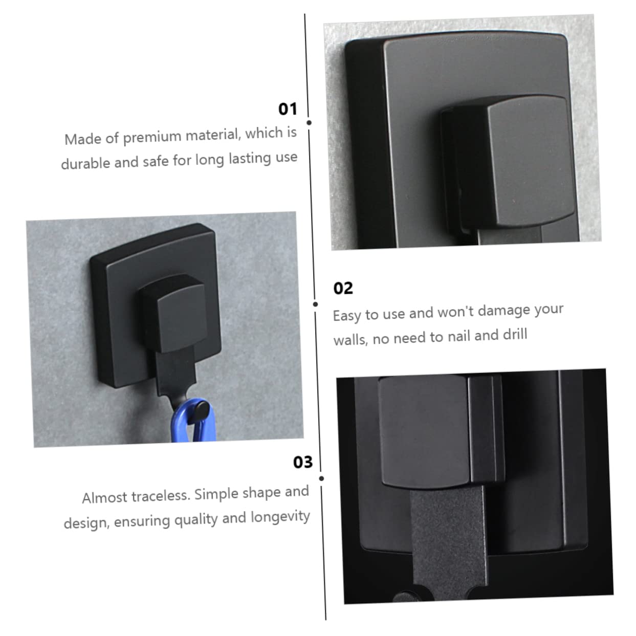 3 Piezas Sin rastro de gancho colgadores de cuadros resistentes gancho de ventosa s adhesivos para cuadros toalleros para baño de succión Acero inoxidable Black