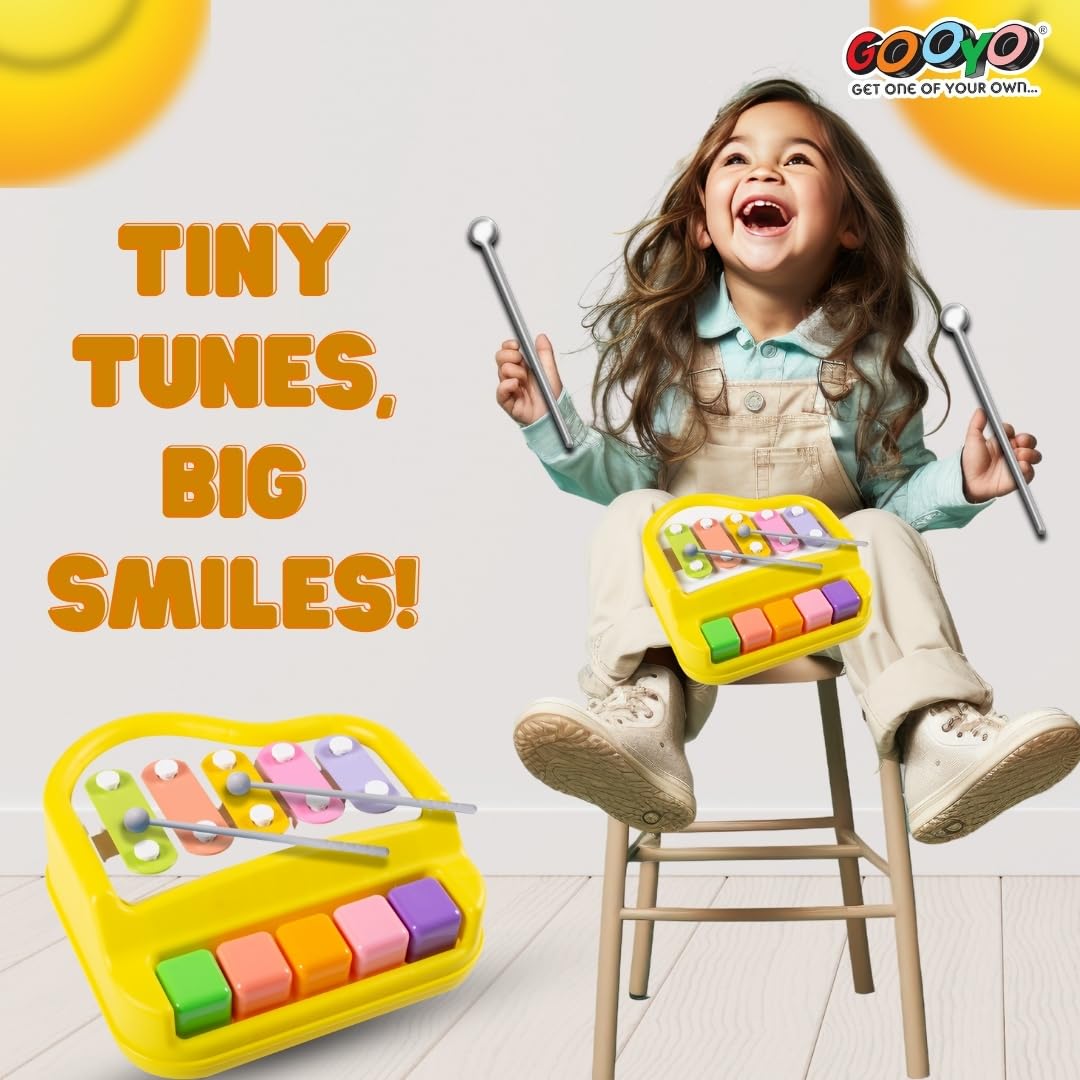 Gooyo 1512 Preschool Kids Educational Knock Playing Musical Xylophone Toy for Kids | 2 in 1 Mini Musical Piano and Xylophone Toy with Colorful Keys & 2 Mallets | Yellow | No Batteries Required 4