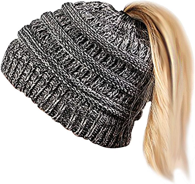 Women Knit Hat Winter Beanie Stretch Chunky Cable Messy Ponytail Bun Hat