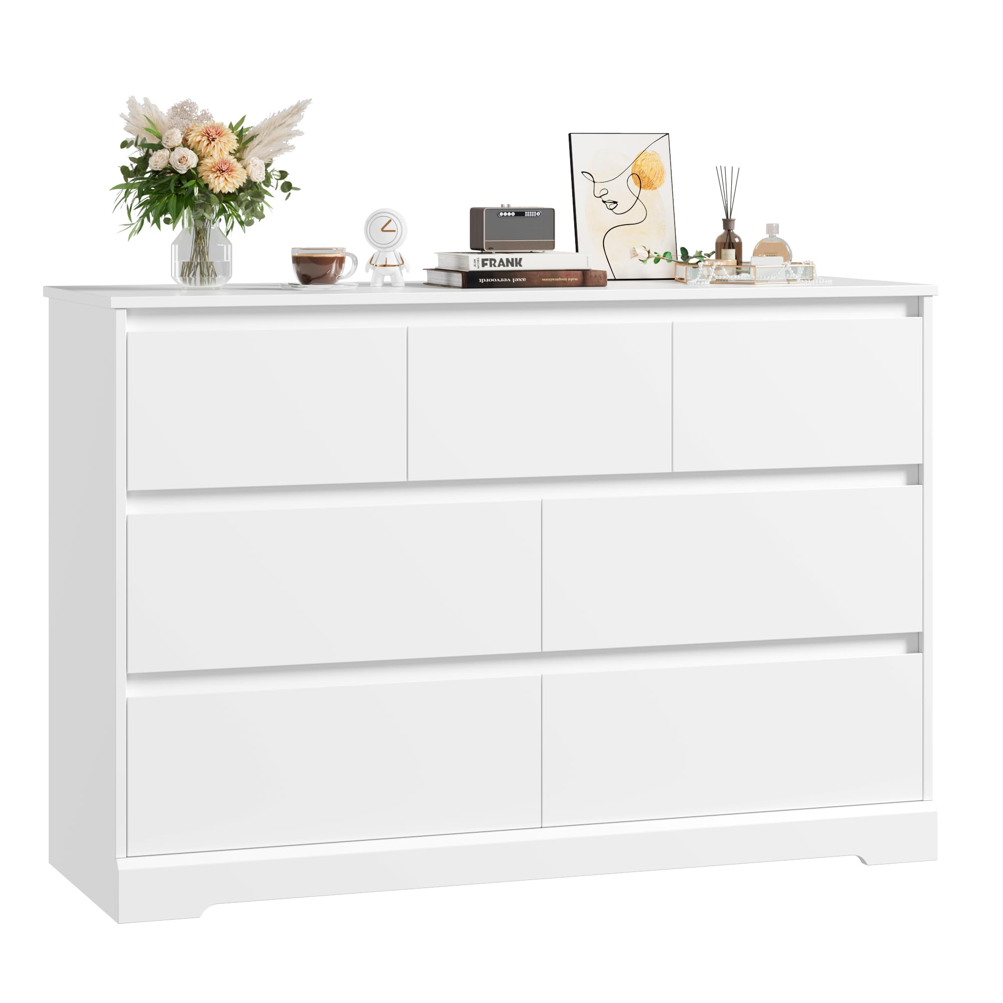 FACBOTALL Dresser for Bedroom, Modern White Dresser, Wood Chest of Drawers Nursery Dressers, with Storage, 7 Drawer Double with Handle Free, Large Storage Organizer for Living Room,White