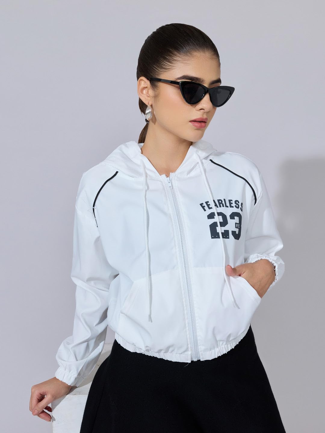 SHOWOFFFF Women Graphic Bomber Jacket | Hooded Full Sleeves Nylon Jacket for Womens | Regular Fit Regular Length Jacket for Women's | WhiteBlack-L