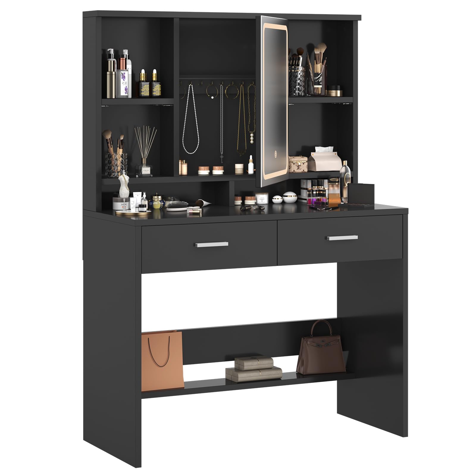 Airfish Tocador de Maquillaje con Espejo y Luces LED, 3 Colores Brillo Ajustable, Mesa de Maquillaje con Espacio para Joyas, Estantes Ajustables,9 Ganchos y 2 Cajones, 90x40x135,8 CM Moderno, Negro