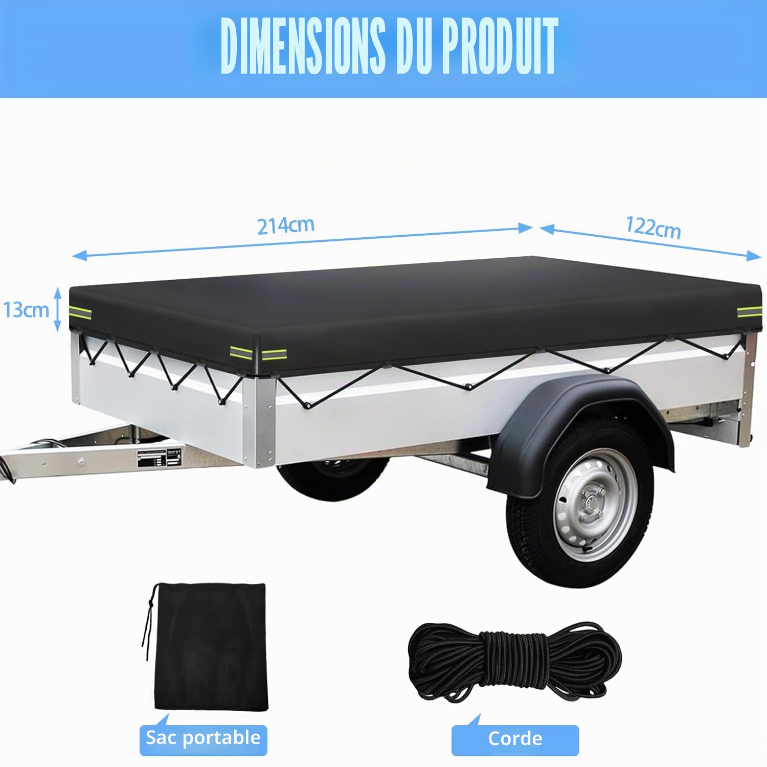 Bâche de Remorque - 214 x 122 x 13 cm | Tissu Oxford 420D Imperméable, Coupe-Vent, Protection Solaire, Indéchirable | Compatible avec Remorques de Plupart des Remorques de Voiture