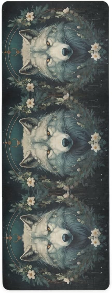 ALAZA Wolf Head Wreath of Flowers Yoga Mat Non Slip Fitness Exercise Mat, Workout Mat for Yoga, Pilates and Floor Exercises