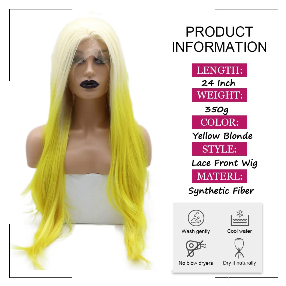Angle Lucky Pastel Yellow Lace Front Wig Long Wave Yellow Blonde Free Part Colorful Wig Synthetic Pre Plucked Nature Hairline Wig Heat Resistant Glueless Wigs for Women Cosplay Makeup Drag Queen