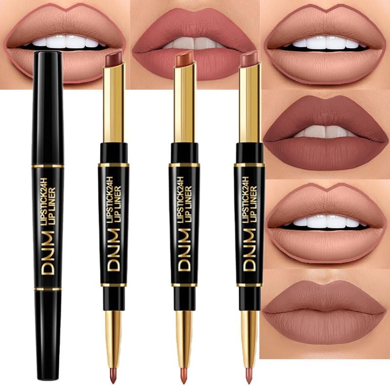 evpct 3Pcs Chestnut Nude Brown Matte Lip Liner and Lipstick Combo Set Kit for...
