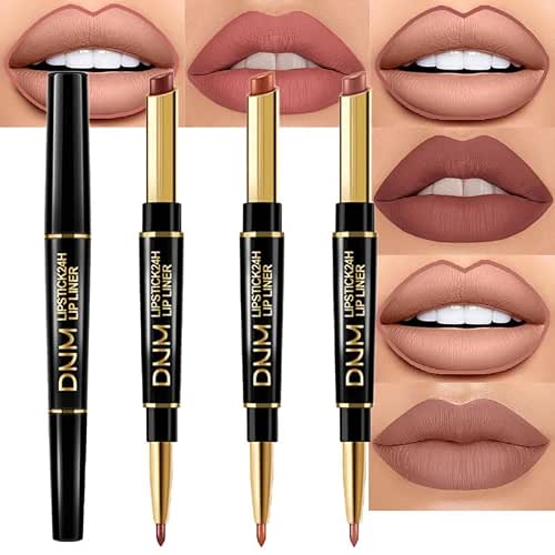 evpct 3Pcs Chestnut Nude Brown Matte Lip Liner and Lipstick