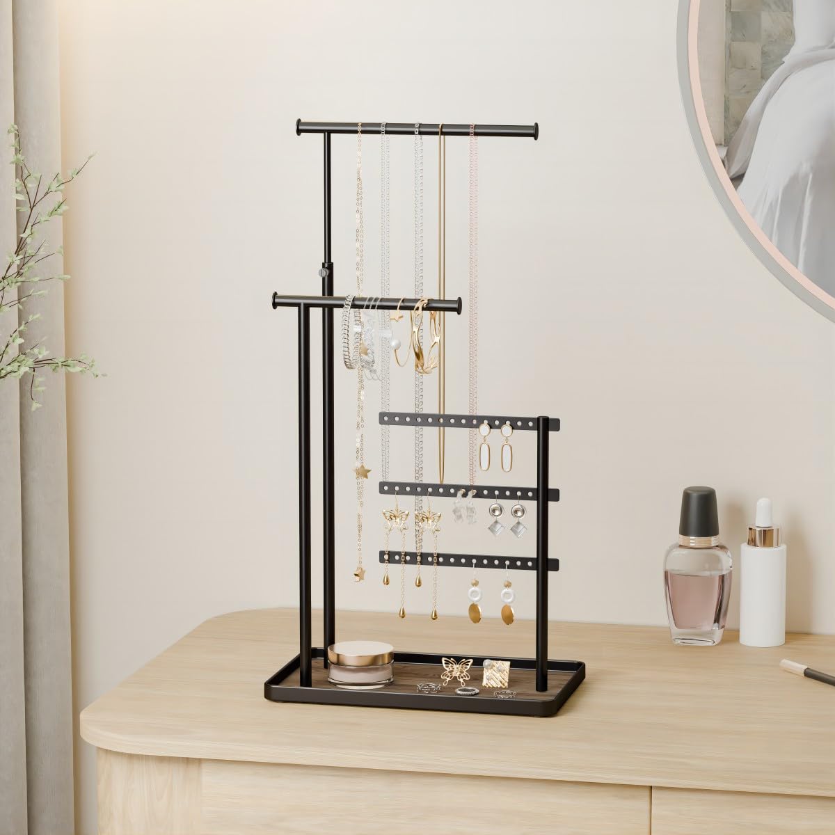 Organisateur De Bijoux Noir 3 Barres - Rangement Réglable Pour Boucles D'Oreilles, Bracelets, Colliers