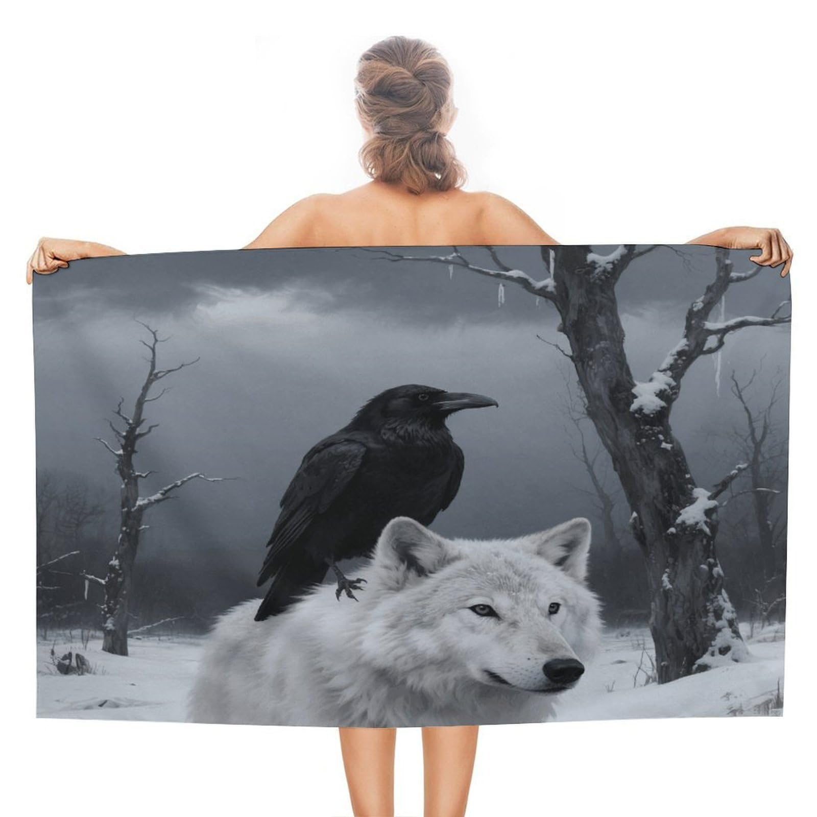 VstaDank Crow and White Wolf Beach Towel 51x31 Inch Oversized Soft Bath Towel Luxury Plush Thick Hotel Swim Pool Towels Super Quick Dry Travel Towels for Camping Gym Sports Yoga