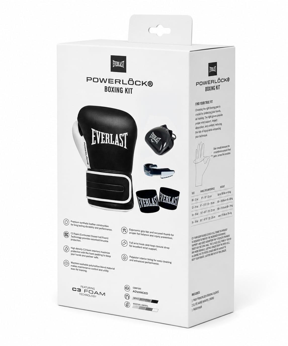 Everlast Powerlock OG Einsteigerset, Schwarz/Weiß | Enthält schwarze Boxhandschuhe mit Klettverschluss für Sandsäcke, 120-cm-Bandagen und Zahnschutz