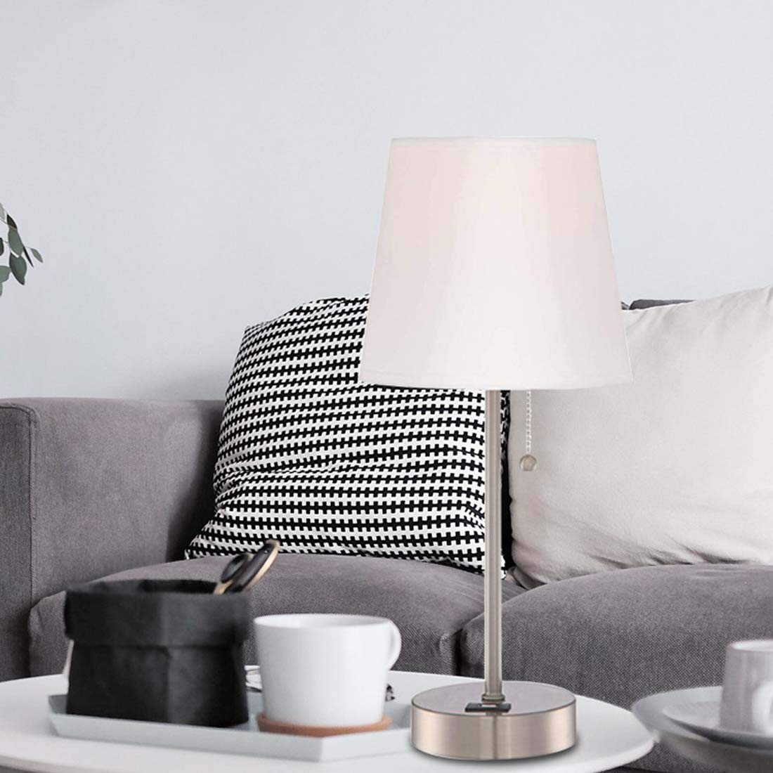Lámpara de Mesa de Noche USB, lámpara de Noche con Puerto de Carga USB, Base de Metal y lámpara de Escritorio LED de Sombra de Tela Blanca para Dormitorio, Sala de Estar, Oficina