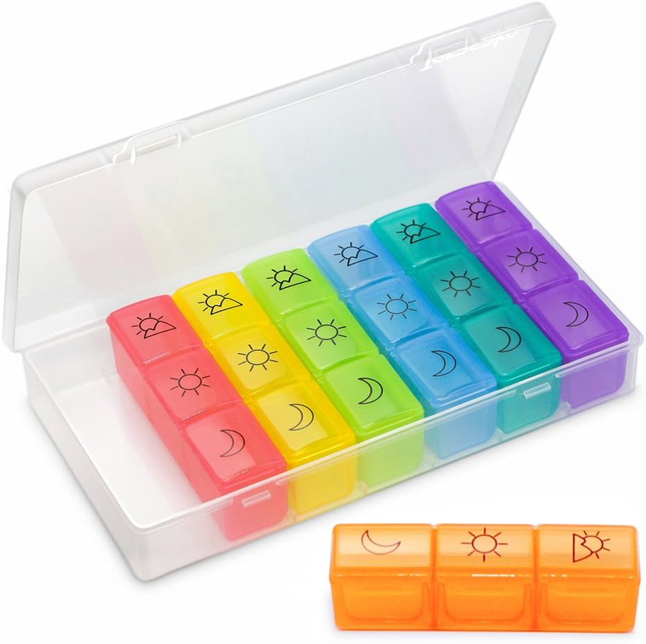 Weekly Pill Organizer(3-Times-A-Day), 7 Day Pill Box, Portable Travel Prescription & Medication Pill Case, Vitamin Fish Oil Compartments Container