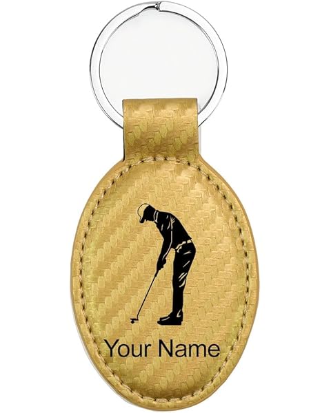 LaserGram Oval Keychain, Golfer Putting, Personalized Engraving Included (Carbon Fiber Gold)