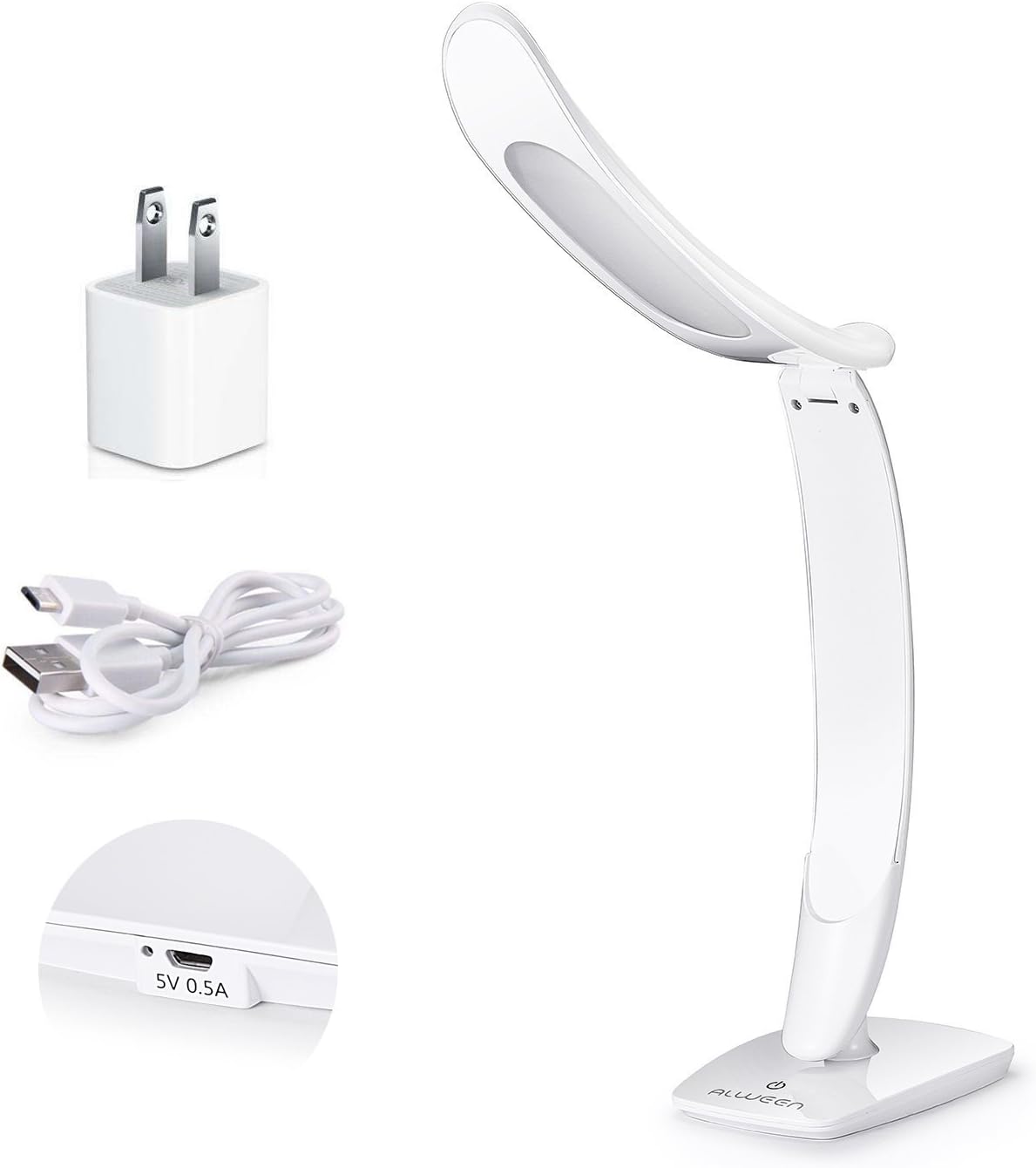 LED Desk Lamp, Alween 3-Level Dimmable Table Lamp with USB Charging Port and Power Adapter, Flexible Portable Eye-Caring Reading Lamp (White)